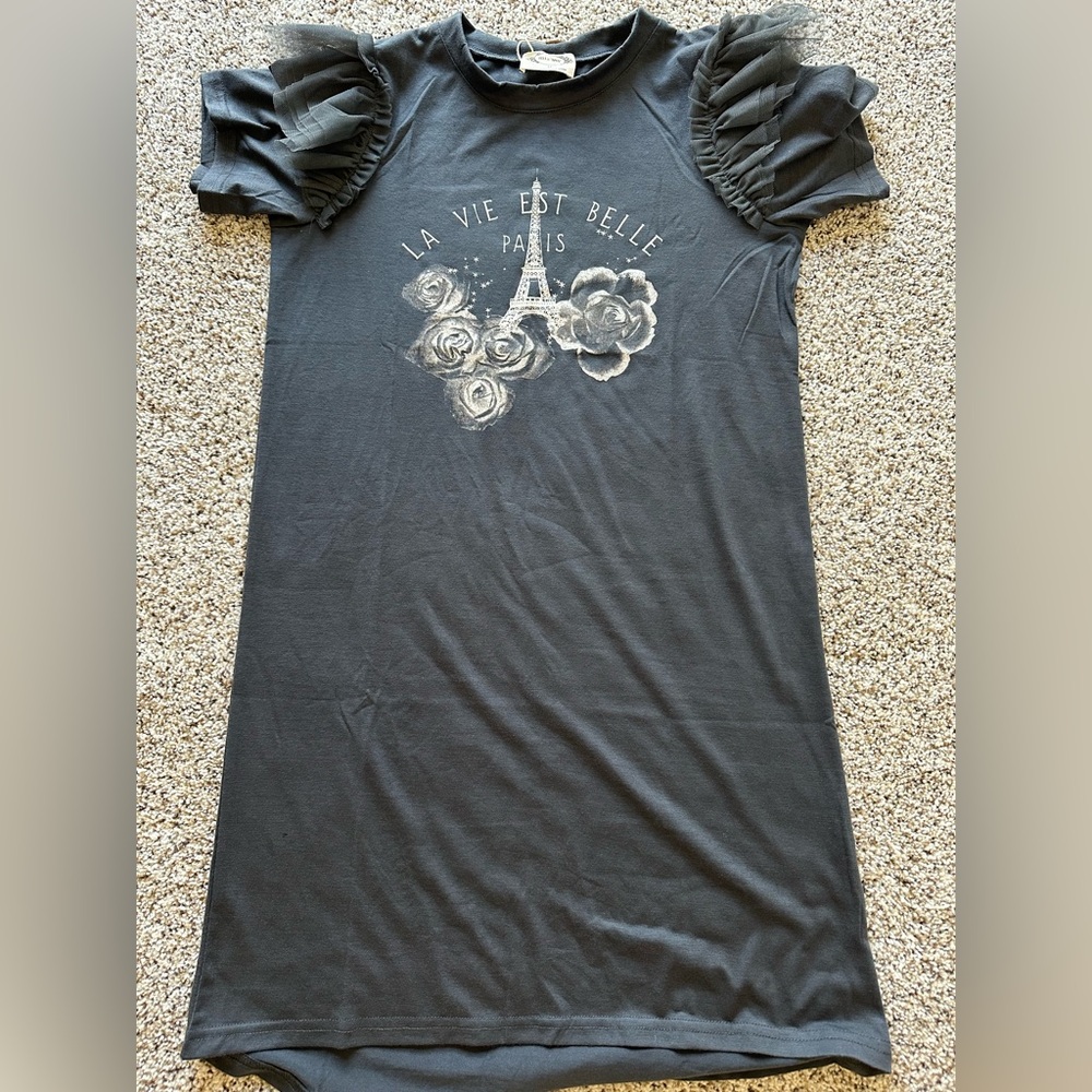 Joyfolie Black Graphic Paris Tee Dress with Ruffled Sleeves